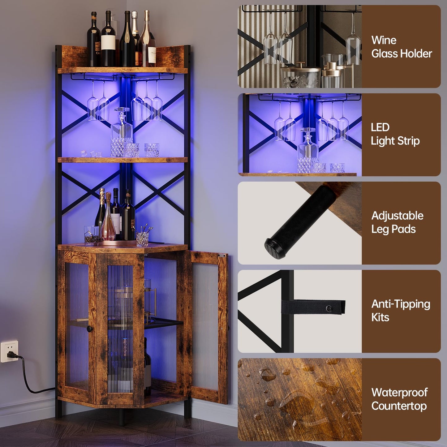 Airynee Corner Bar Cabinet with Power Outlet, 5-Tier Corner Wine Cabinet with Led Strip and Glass Holder, Industrial Tall Liquor Cabinet Bar Wine Rack for Home, Rustic Brown
