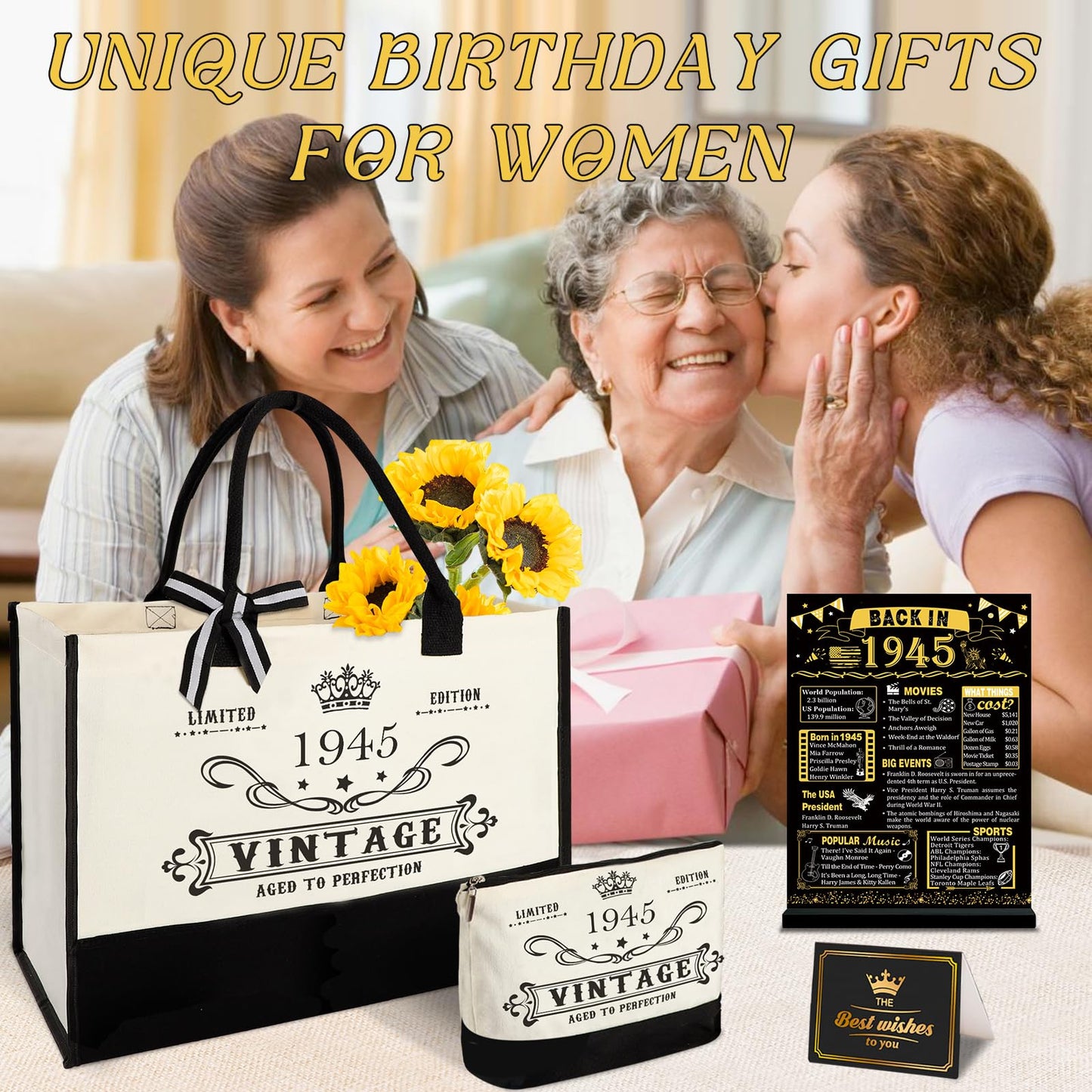 80th Birthday Gifts for Women Canvas Tote Bag Travel Gear, Unique 80 Years Old Birthday Gifts for Mom Wife Aunt Friends Her, Vintage 1945 Handbag & Cosmetic Bag & Back in 1945 Poster