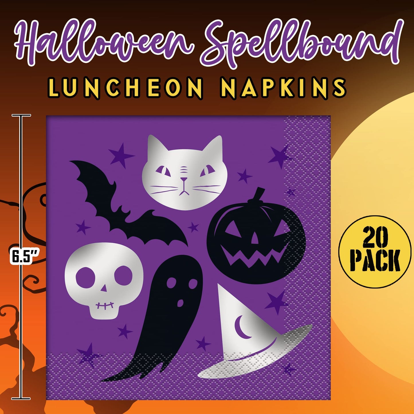 Unique Halloween Purple Spellbound Disposable Dinnerware Bundle for 8 - Dinner & Dessert Plates, 20 Luncheon Napkins - Black Silver Paper Decorations