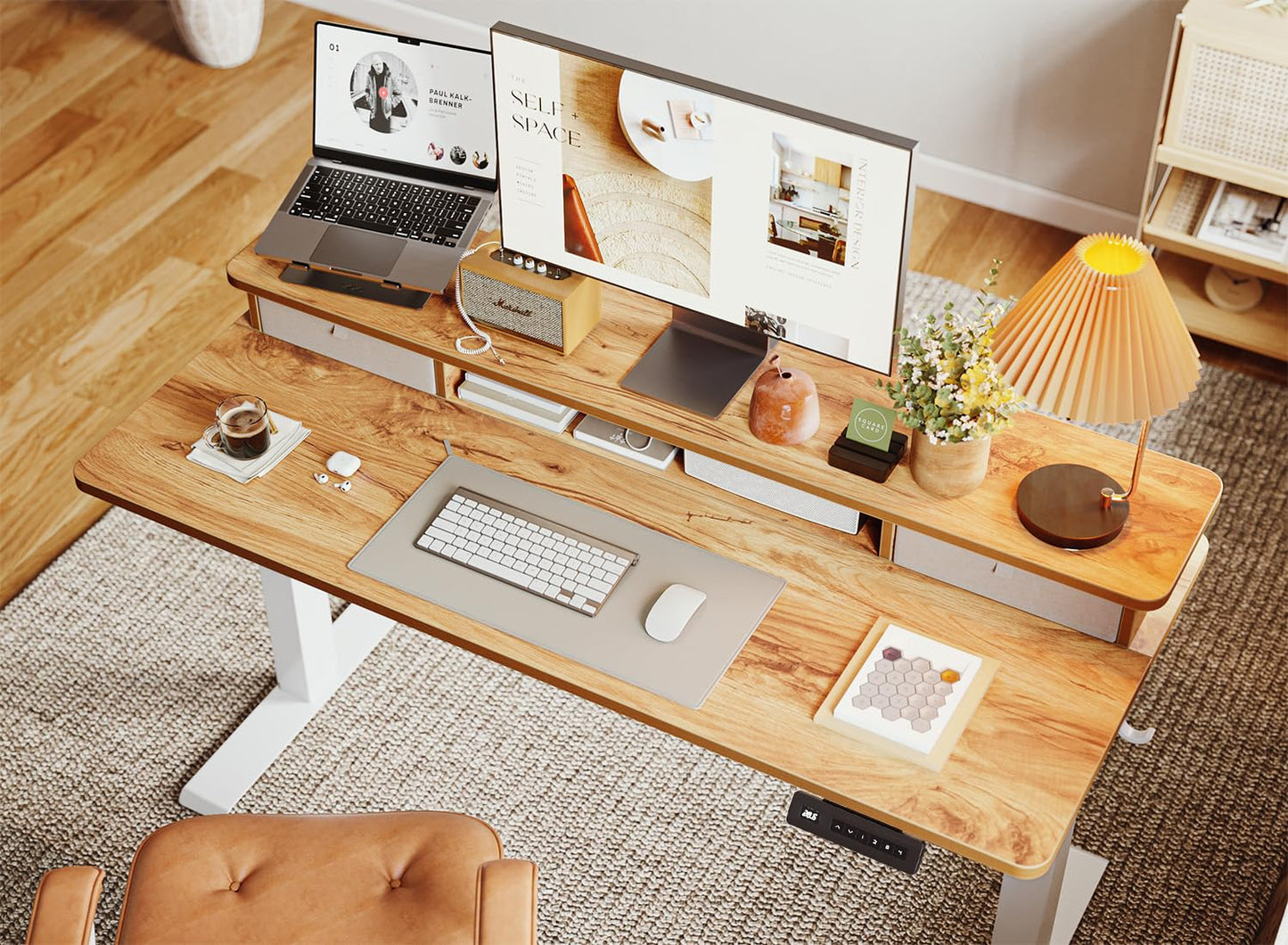 BANTI 48x24 Inch Electric Standing Desk with Dual Drawers, Height Adjustable Stand Up Table, Sit Stand Home Office Desk with Storage Shelf, White Frame/Light Rustic Brown Top