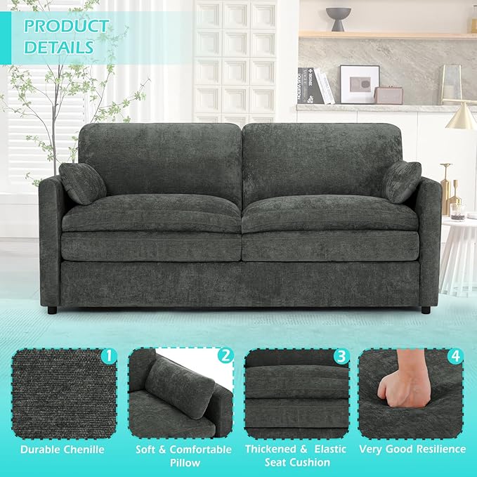 ACMEASE 69” Chenille Love seat Sofa w/Arm Pillows, Upholstered 2 Seater Sofa w/Comfortable Back Cushions, Modern 2 Seats Couch w/High-Density Foam for Living Room, Apartment, Office, Grey