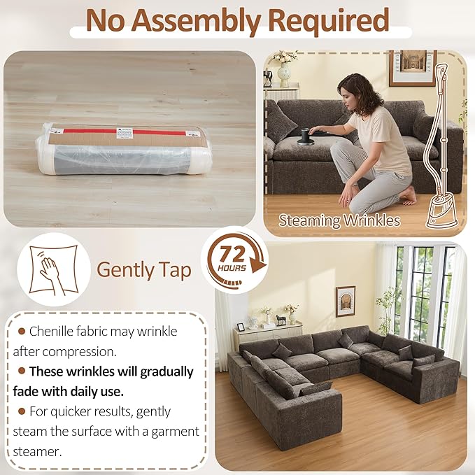155''Cloud Boneless Sectional Couch, Modular Sectional Sofa Deep Seat, Oversized Upholstered Convertible Comfy 8 Seater Chenille Memory Foam Sofa U Shape Couches for Living Room, Brown