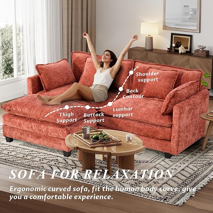 SoarFlash Chenille 77.95" Sectional Sofa, Comfy L Shaped Modular Coush Sofa with Ottoman, Modern 2 Seat Couch Deep Seat Sofa Set for Living Room,Orange