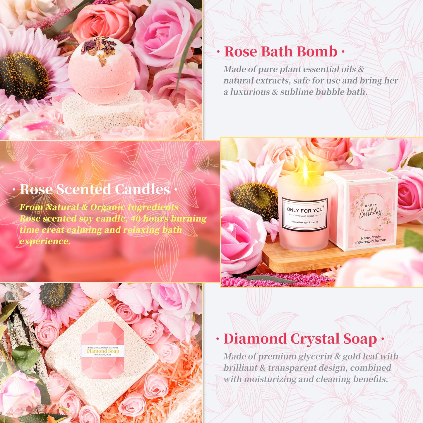 15PCS Birthday Gifts for Women-Pink Self Care Package Get Well Soon Gifts, Relaxing Spa Gift Female Friendship Thinking of You Care Package for Mom Her Wife Girlfriend Friend Sister