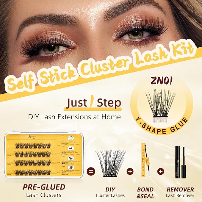 QUEWEL Self Adhesive Eyelashes Kit, Press On Lashes Pre Glued Eyelash Clusters Self Stick Cluster Lashes No Glue No Remover Needed DIY Lash Extension Kit for Beginners (ZN-01)