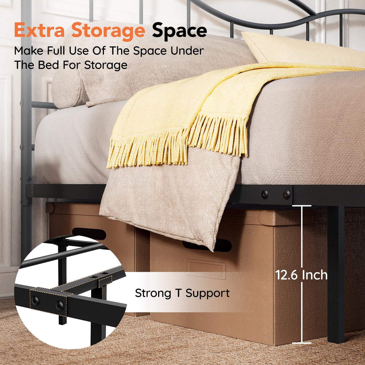 Florise King Size Bed Frame with Headboard,Metal Platform Bed Frame Mattress Foundation with Footboard, Under Bed Storage, Strong Metal Slats Support, No Box Spring Needed, Black
