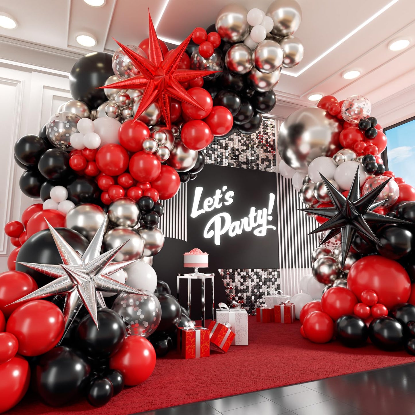Red White and Black Balloon Garland Arch Kit, Red and Black Party Decorations with white Silver Balloons Confetti Latex Balloons for Graduation Decorations Prom Anniversary Birthday Party Decoration