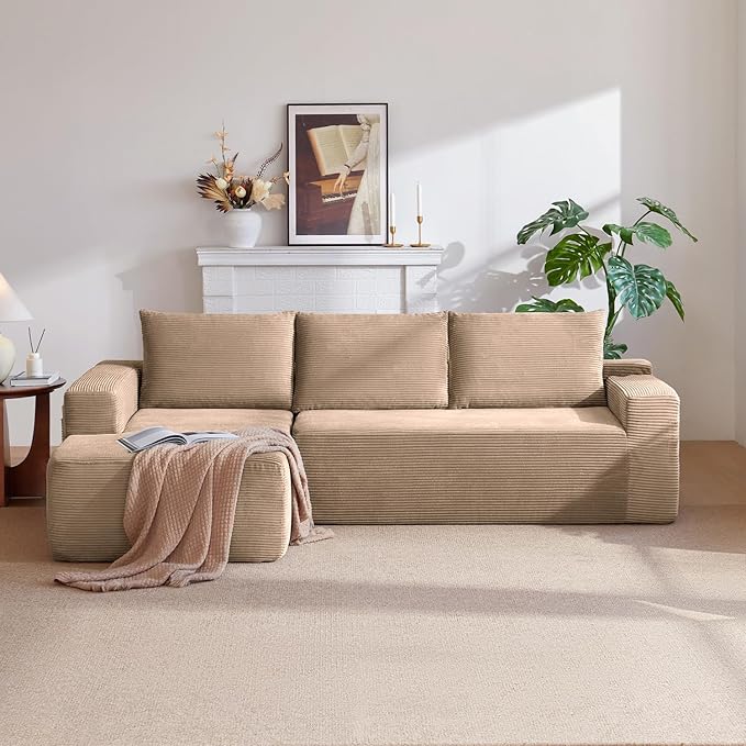 96 Inch Cloud Sectional Couch,Modern Modular Sectional Sofa with Deep Seat,Corduroy Boneless Couches with L-Shape Chaise for Living Room Bedroom,No Assembly Required (Camel, Left Facing Chaise)