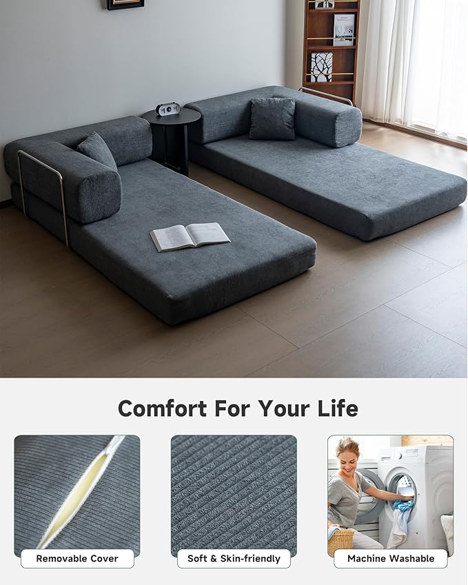 No Assembly Convertible Sofa Bed & 79" Boneless Couch with Pocket , 5-in-1 Futon Sofa Bed with 2 Pillows Modular Pull Out Couch Bed with Frame,Compression in Box for Living Room Small Spaces Grey