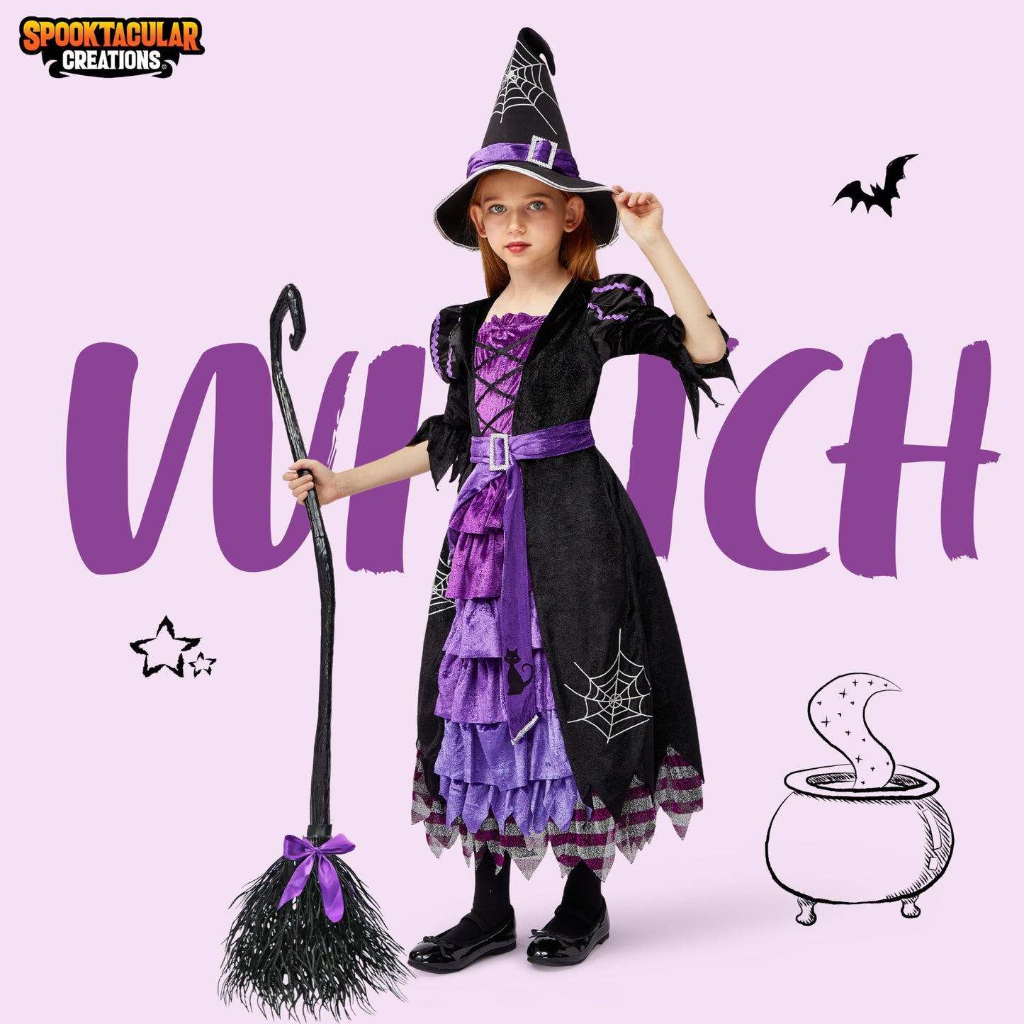 Spooktacular Creations Halloween Fairytale Witch Dress for Kids, Girls Cute Witch Costume Deluxe Set with Broom for Toddler Halloween Role Play Parties, Purple (S 5-7yrs)