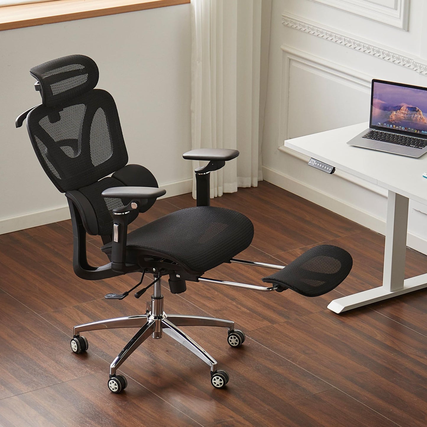 Ergonomic Mesh Office & Gaming Chair with Footrest, High Back Home Office Desk Chair, Comfortable 3D Lumbar Support, 130° Tilt, Adjustable Seat Depth, Adjustable 6D Armrest & 3D Headrest(Black Pro)