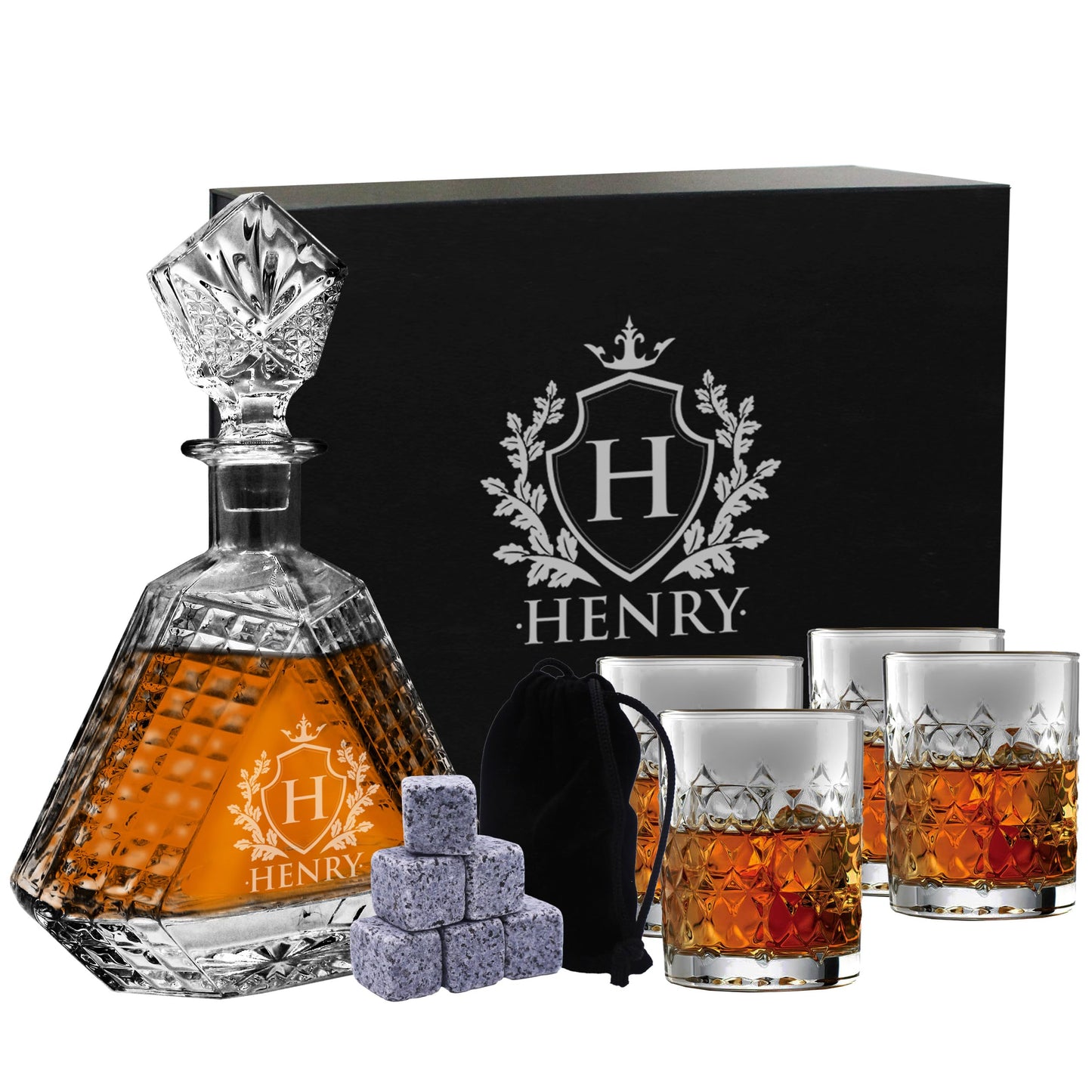 My Personal Memories, Personalized Scotch Whiskey Bourbon Glass 23 oz Decanter - Custom Engraved - Triangle Shape (Decanter and 4 Glasses)