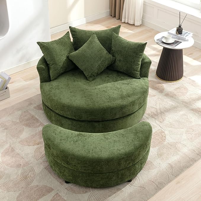 Yoglad Oversized Round Swivel Accent Chair - Modern 360 Degree Barrel Chairs with Storage Ottoman, for Living Room, Bedroom(Chenille - Green)