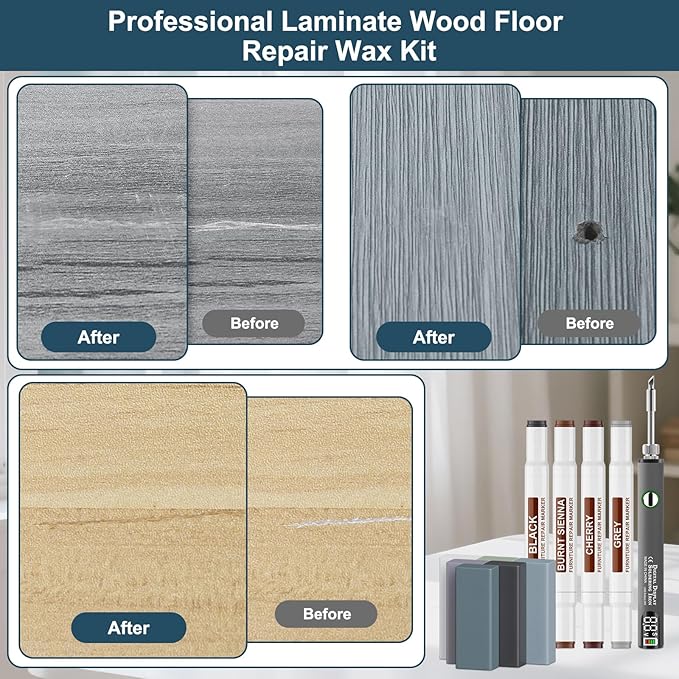 Laminate Vinyl Wood Floor Scratch Repair Kit with Heat Pen - 11 Colors Grey Hardwood Wax Sticks & 8 Colors Dual Tip Furniture Markers Touch up, Linoleum Restoration Wax Melting Tool Set