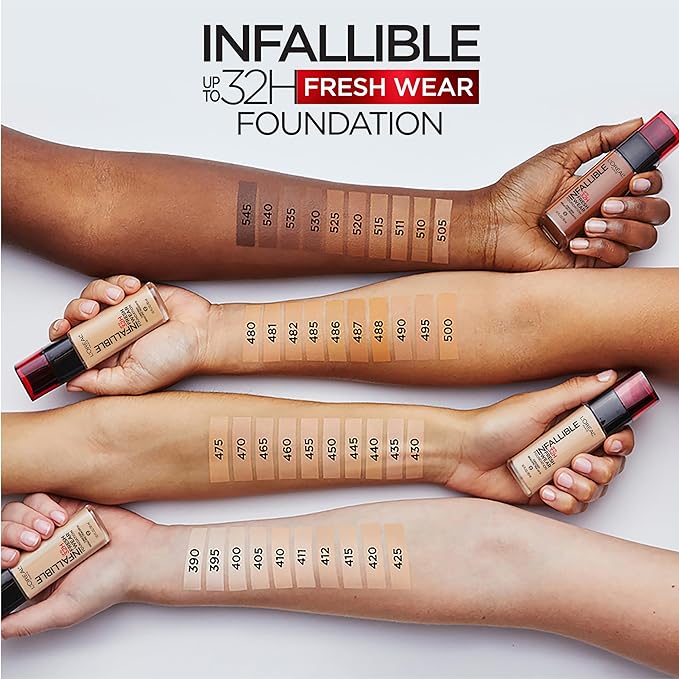 L'Oreal Paris Makeup Infallible Up to 32 Hour Fresh Wear Lightweight Foundation, 475 Sun Beige, 1 Fl Oz, Packaging May Vary