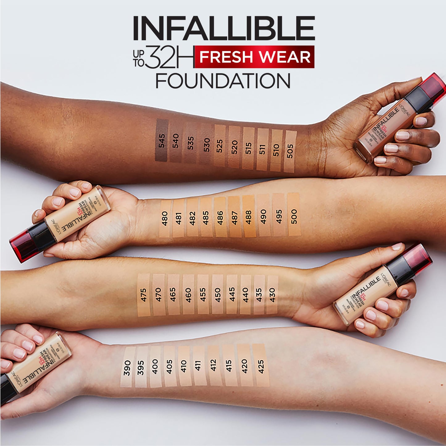 LOr  al Paris Makeup Infallible Up to 32 Hour Fresh Wear Lightweight Foundation, 505 Toffee, 1 Fl Oz, Packaging May Vary