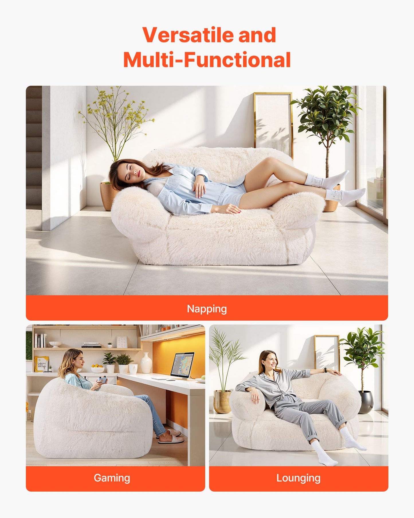 VEVOR Bean Bag Chair, BeanBag Sofa Chair with Armrests for Adults, Fluffy Plush & High-Density Foam Filling Adult Bean Bag with Zapper, Comfy Lazy Sofa Chair Ideal for Living Room, Bedroom, Beige