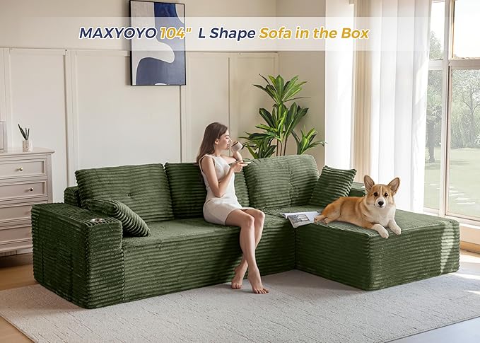 MAXYOYO 104" Modular Sectional Couch with L-Shape Chaise, Modern Boneless Couch for Living Room, Sofa in A Box, Oversized Sofa Sleeper with Deep Seat, No Assembly Required, Green