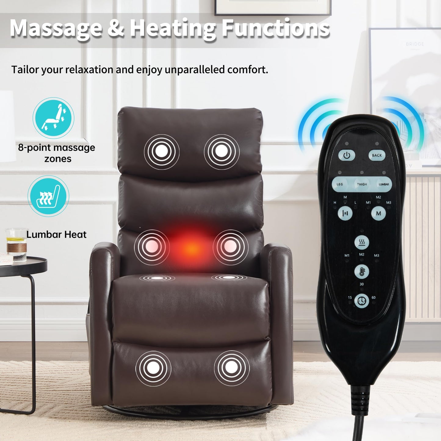 KEIKI 4-in-1 Manual Swivel Rocker Recliner Chair for Home Living Room, Faux Leather Chair with Back Massager & Heat, Home Theater Seating with Lumbar Support, Soft Bedroom Chairs for Adults, Brown