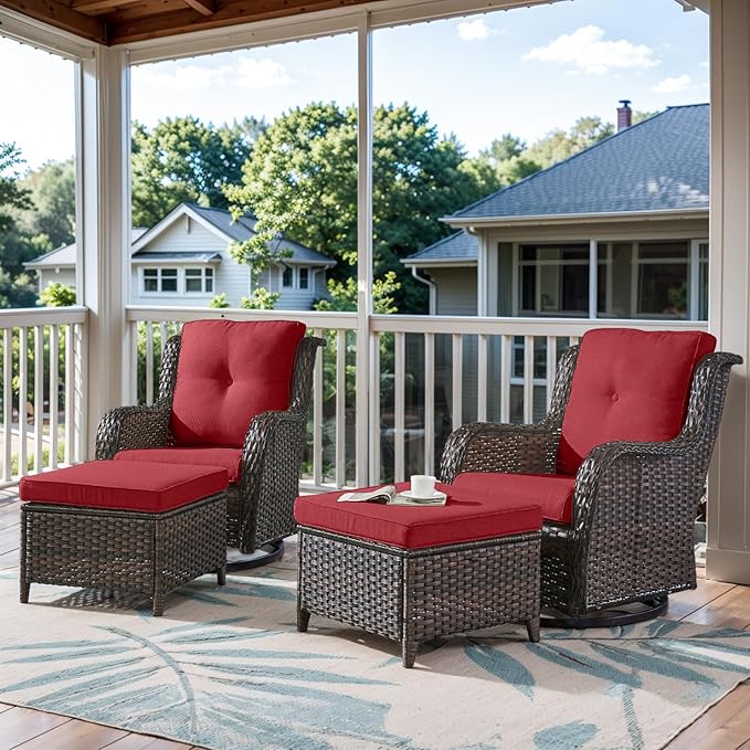 Belord 4 Pieces Patio Furniture Sets, Wicker Patio Swivel Glider Chair with Ottomans, Outdoor Furniture Set for Outside Porch, Deck, Balcony, Garden