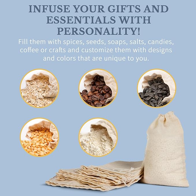 Celestial Gifts Muslin Bags - Drawstring - Small 50pcs - 3x4, Reusable Tea Bags, Jewelry Gift, Spice and Cotton Gift Sachet - 100% Cotton - Made in USA - (Natural Hem & Drawstring)