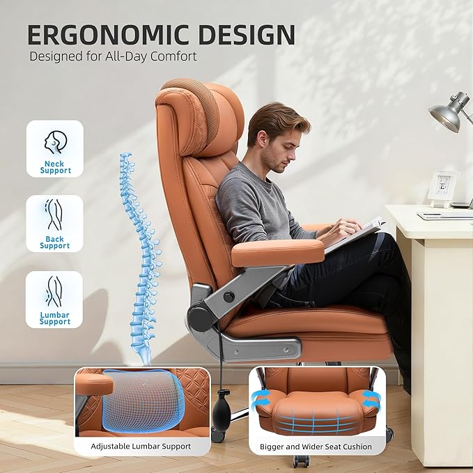 Office Chair, 5D Flip Arm Ergonomic Desk Chair with Adjustable Lumbar Support for Back Pain, Extra Wide 500LBS Comfy Big and Tall Office Chair, Executive Leather Computer Game Chair for Heavy People