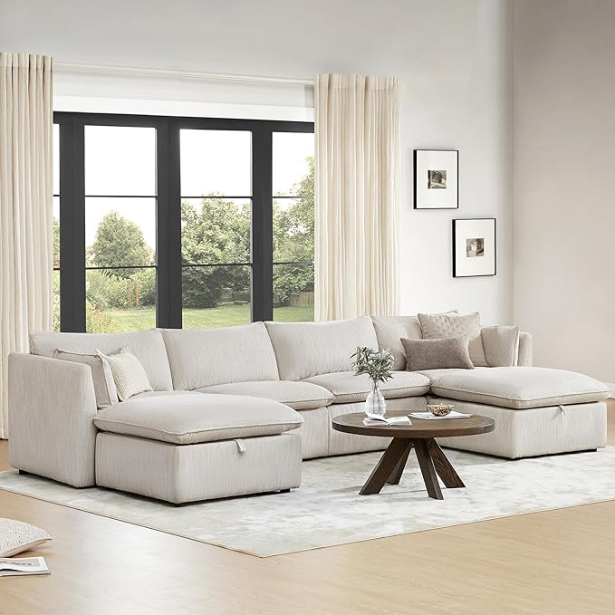 CHITA Luxury Oversized 148" U-Shaped Sectional Sofa Couch, Premium Down Filled Cloud Modular Sectional with Storage Ottoman, FSC Certified, 6 Seat for Living Room, Snow