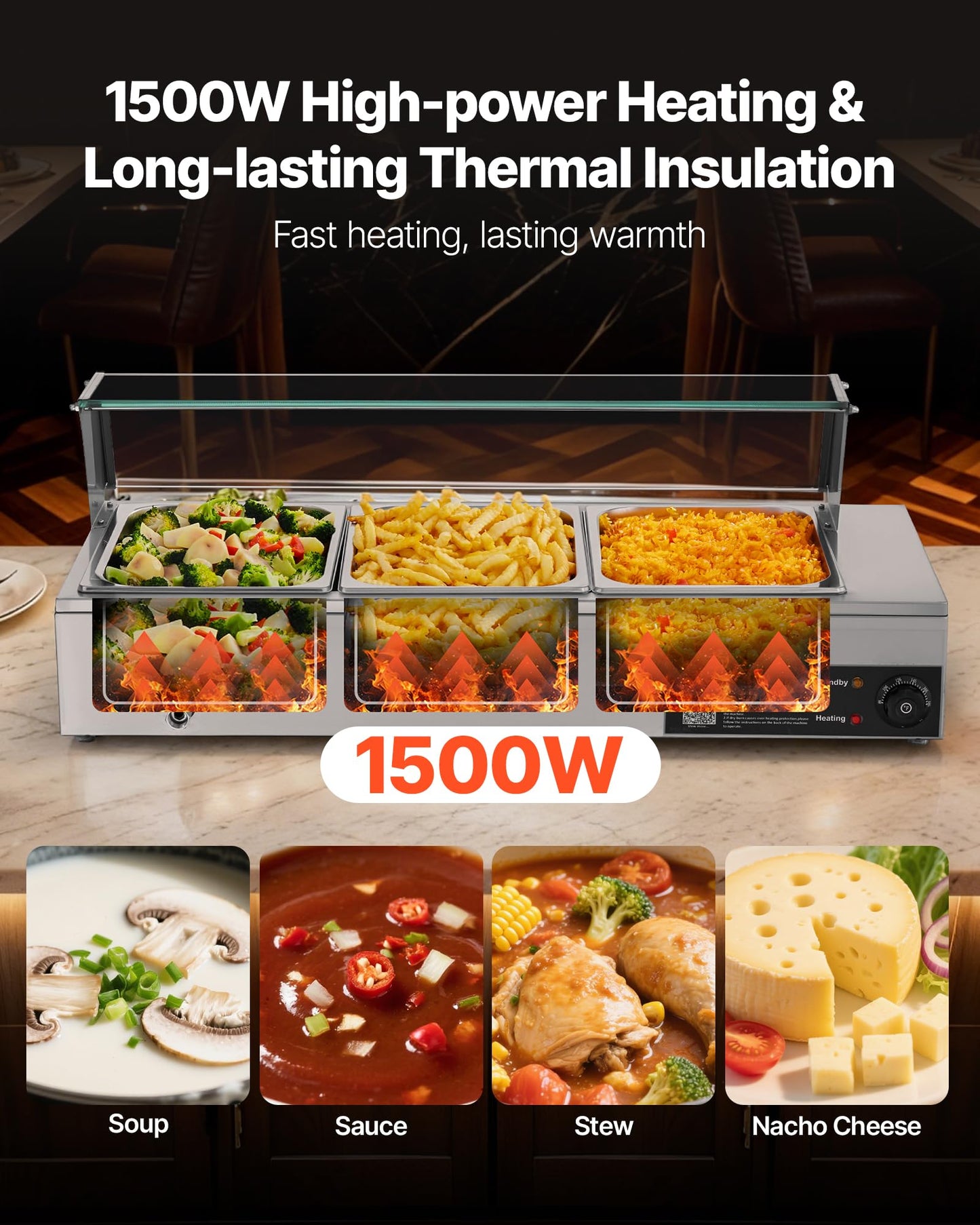 VEVOR Commercial Food Warmer, 1500W Electric Stainless Steel Steam Food Warmer with Glass Cover, Countertop Buffet Bain Marie with Three 1/2 Size Food Pans, for Catering, Restaurant, Party & Buffets