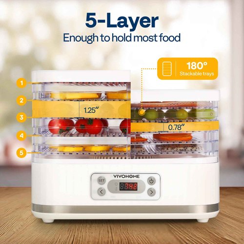 VIVOHOME Electric 5 Trays Food Dehydrator Machine, 400W Hydrator Machine with 72H Digital Timer and Temperature Control for Fruit Vegetable Meat Jerky Herb Beef Mushroom, White