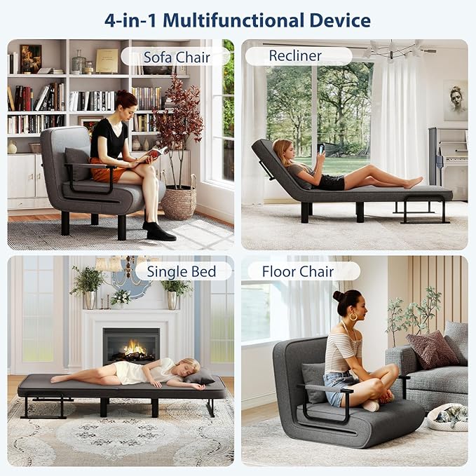 Furniliving 4 in 1 Folding Sofa Bed Chair, Convertible Sleeper Chair Bed with 6-Position Adjustable Backrest, Upholstered Chaise Lounge with Pillow, Accent Chairs for Bedroom/Office, Linen, Darkgrey