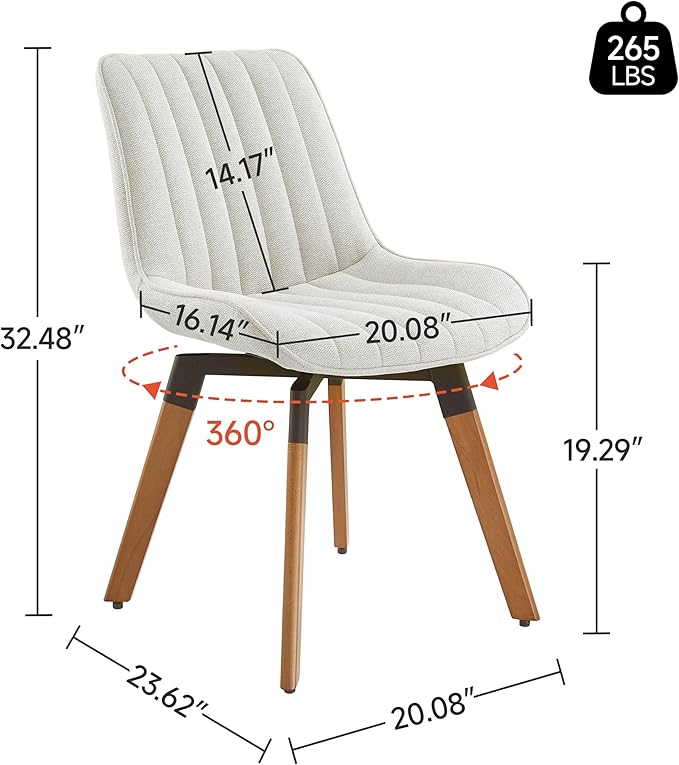 Art Leon Dining Chairs Set of 4, Mid Century Modern Swivel Dining Room Chairs, Fabric Upholstered Armless Side Chairs with Wood Legs for Kitchen Living Room Bedroom, Off White
