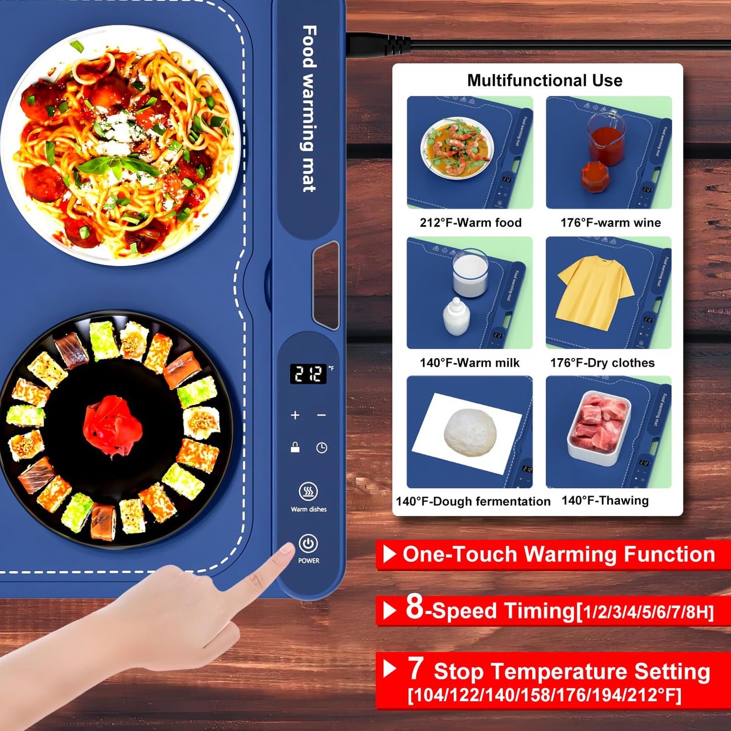 Electric Warming Tray&Food Warming MatFast Full Surface Electric Warming Tray with 7 Temp-Settings & 8H Timer, Portable Roll Up Food Warmer for Gatherings (Blue, 24''X15'')