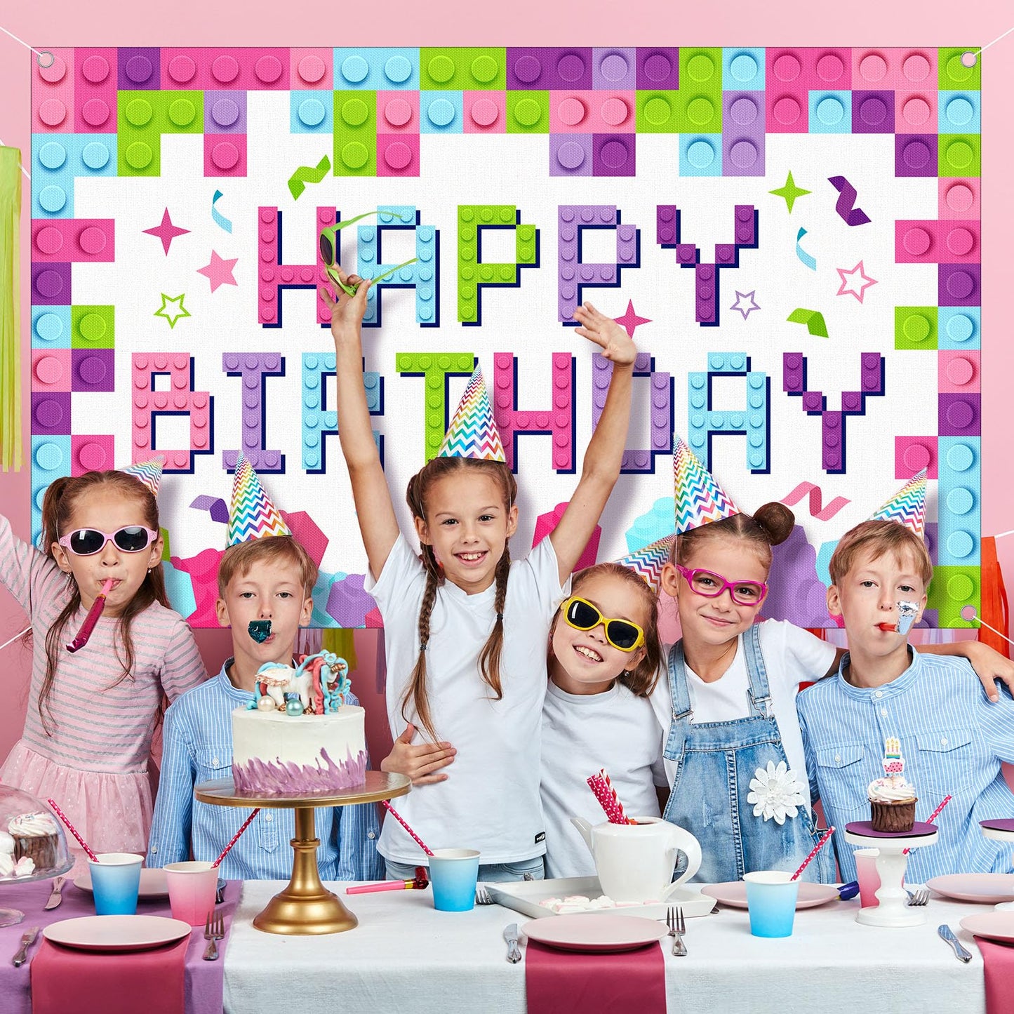 Newwiee 6 X 3.6 Ft Building Blocks Birthday Backdrop Banner Birthday Fabric Photography Backdrop Party Decorations For Girls And
