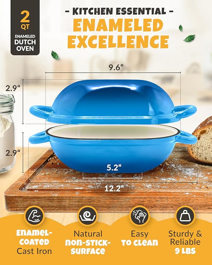 Loaf Pan for Bread Baking - incl. Sourdough Bread-Baking Supplies like Banneton Bread-Proofing Basket - 2QT Enameled Oval Cast Iron Dutch Oven, Bread-Oven, Sour Dough Bread-Banking-Pan Tools