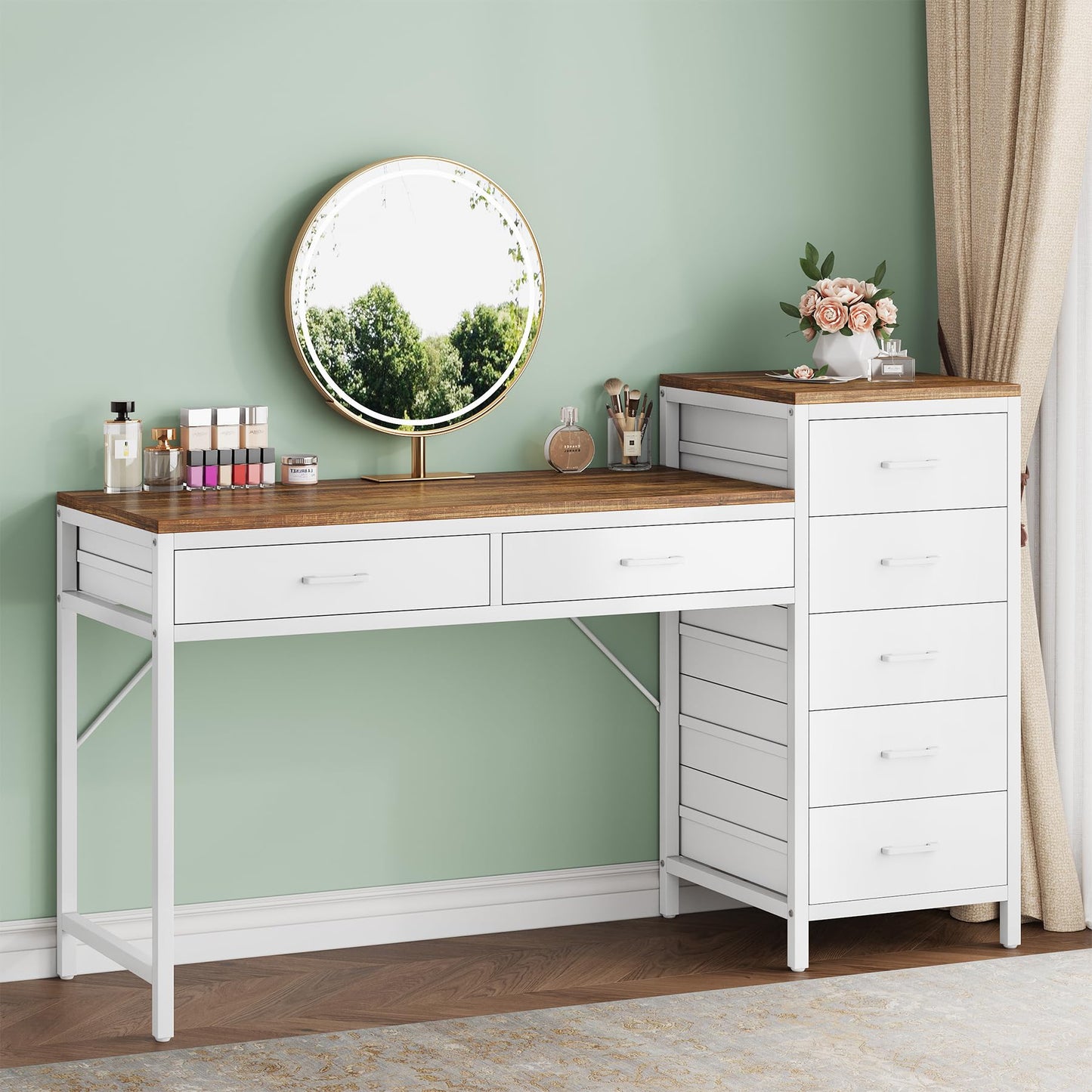 Condemo Vanity Desk with 7 Drawers, 55 inch Makeup Vanity Table with Reversible Drawer for Women, Girls, White and Brown (Without Mirror)