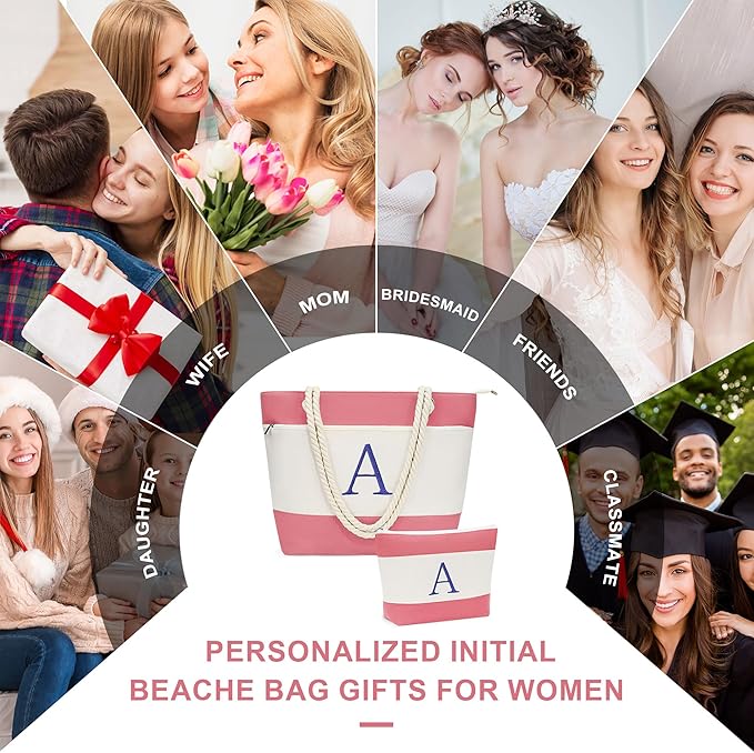 YOOLIFE Beach Bags for Women - Initial Canvas Tote Waterproof Bag with Makeup Bag Gifts for Women Mom Friend Birthday Her