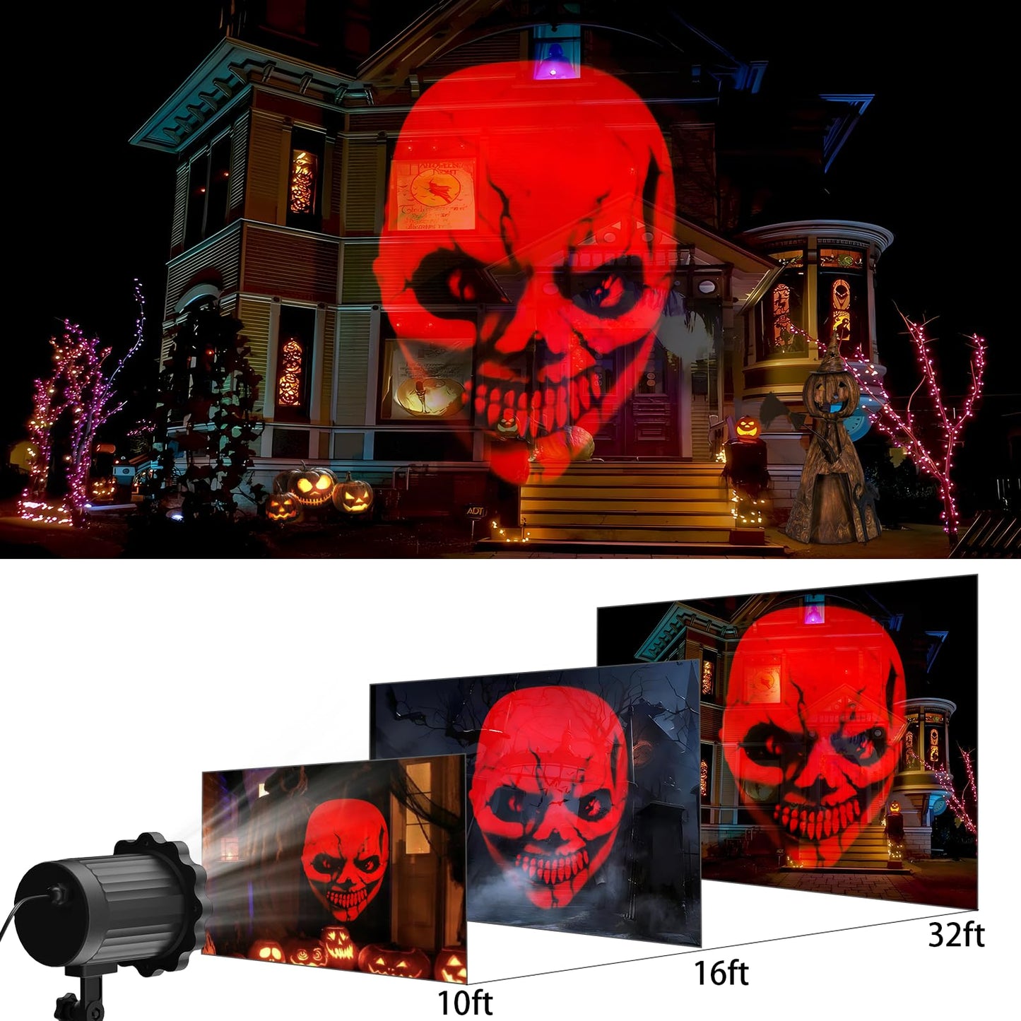 Halloween Decorations Outdoor Indoor - 3D Dynamic Red Skull Halloween Projector Lights,Waterproof Holiday Light for Window,Ground, Roof,Wall,Cemetery Holiday Decor