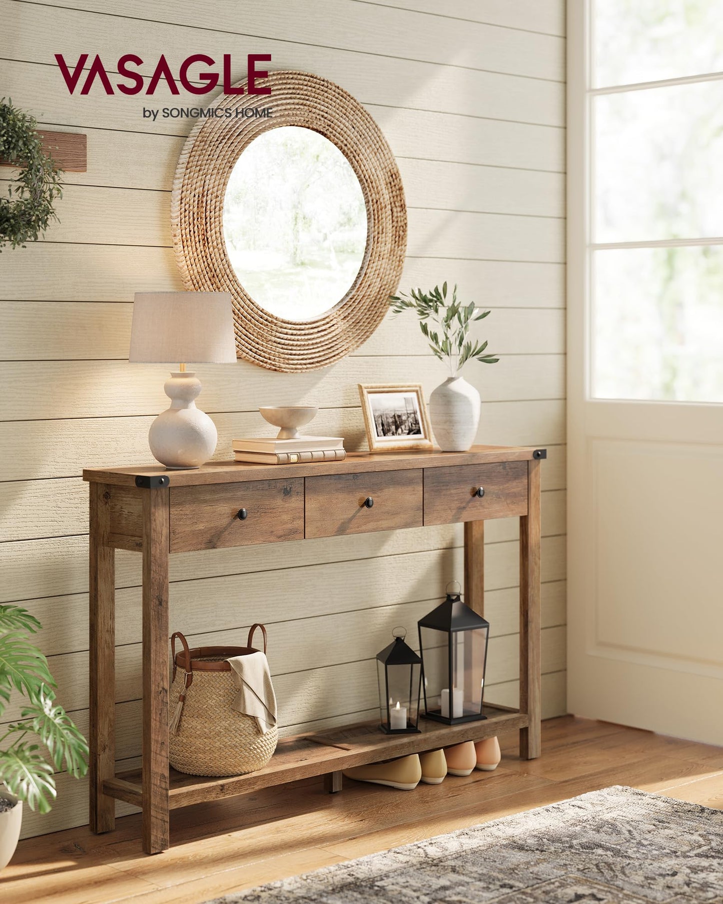VASAGLE Console Sofa Table, Narrow Entryway Table with 3 Drawers, Open Storage Shelf, Metal Corners, for Living Room, Farmhouse Style, Honey Brown ULNT142K41