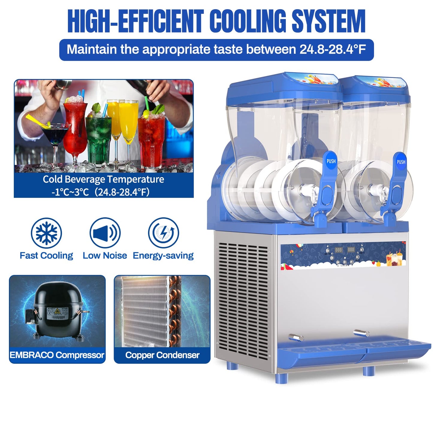 XPW Commercial Slushy Machine 1000W 30L Tanks Commercial Slushie Maker Machine 304 Stainless Steel Margarita Machines Efficient Cooling ETL Approval the Ideal Slush Maker for Bars Cafes Restaurants