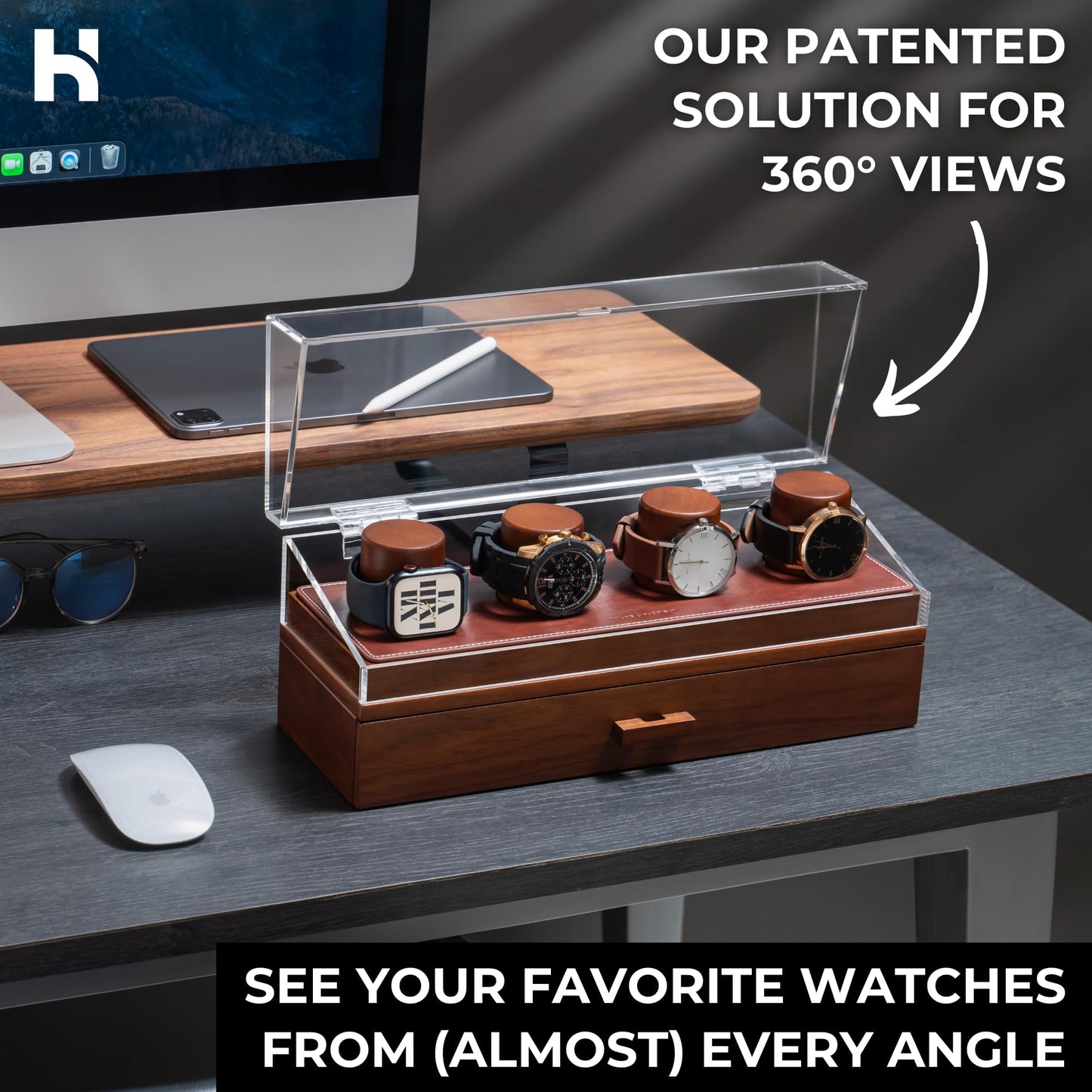 Holme & Hadfield Premium 4-Slot Wooden Watch Display Case – Handcrafted Men’s Watch Box with Accessory Drawer, Hinged Cover, Leather Lining – Birthday Gift for Collectors – Luxury Built to Last