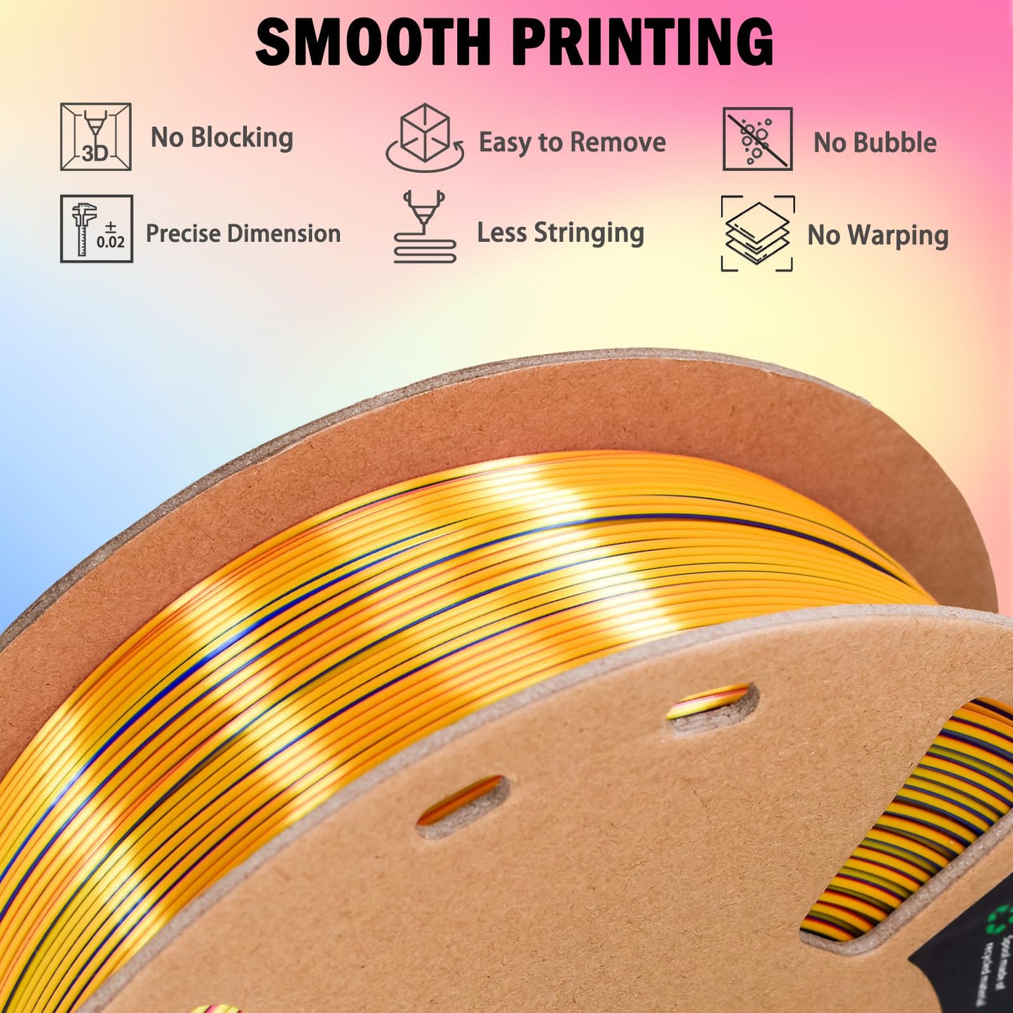 OVV3D 3D Printer Filament, PLA Filament 1.75mm, Tri-Colors Rainbow Silk PLA Filament, Rainbow PLA Filament with Silk PLA Red-Yellow-Blue, 3D Printing Filament PLA Filament 1.75mm +/-0.02mm, 1kg