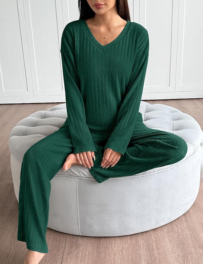 Ekouaer Lounge Sets for Women Long Sleeve Knit Ribbed Pajama Sets 2 Piece Casual Loungewear with Pockets