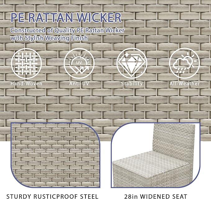 Broivira 7 Piece Patio Furniture Set with 50,000 BTU Rattan Fire Pit Table That Converts to Coffee Table, 9.8" Wide Arm Sectional Sofa with Storage Armrests, Outdoor Rattan Conversation Set, Grey