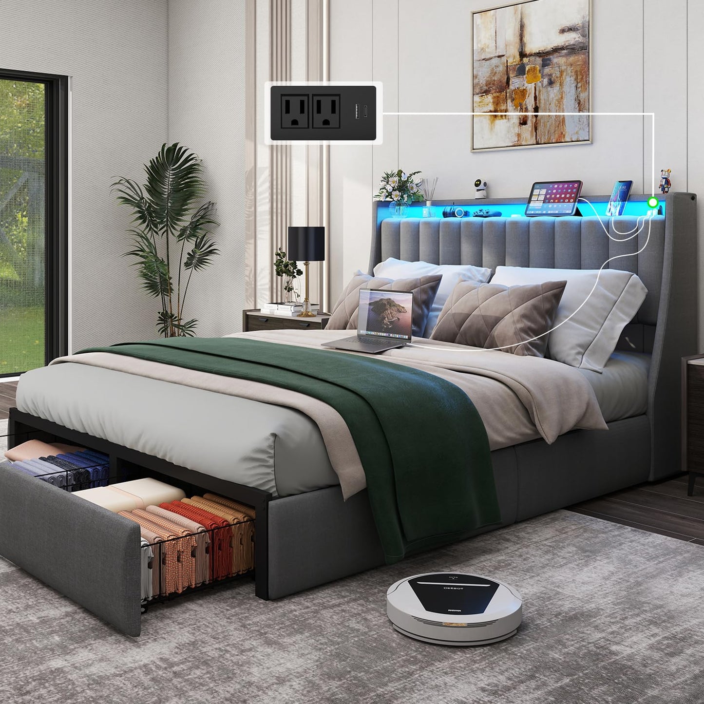 Queen Bed Frame with 2 Storage Drawers, Platform Bed Frame Queen Size with LED Light, Upholstered Headboard, Charging Station, Steel Slat Support, No Box Spring Needed, Noise-Free, Easy Assembly, Gray