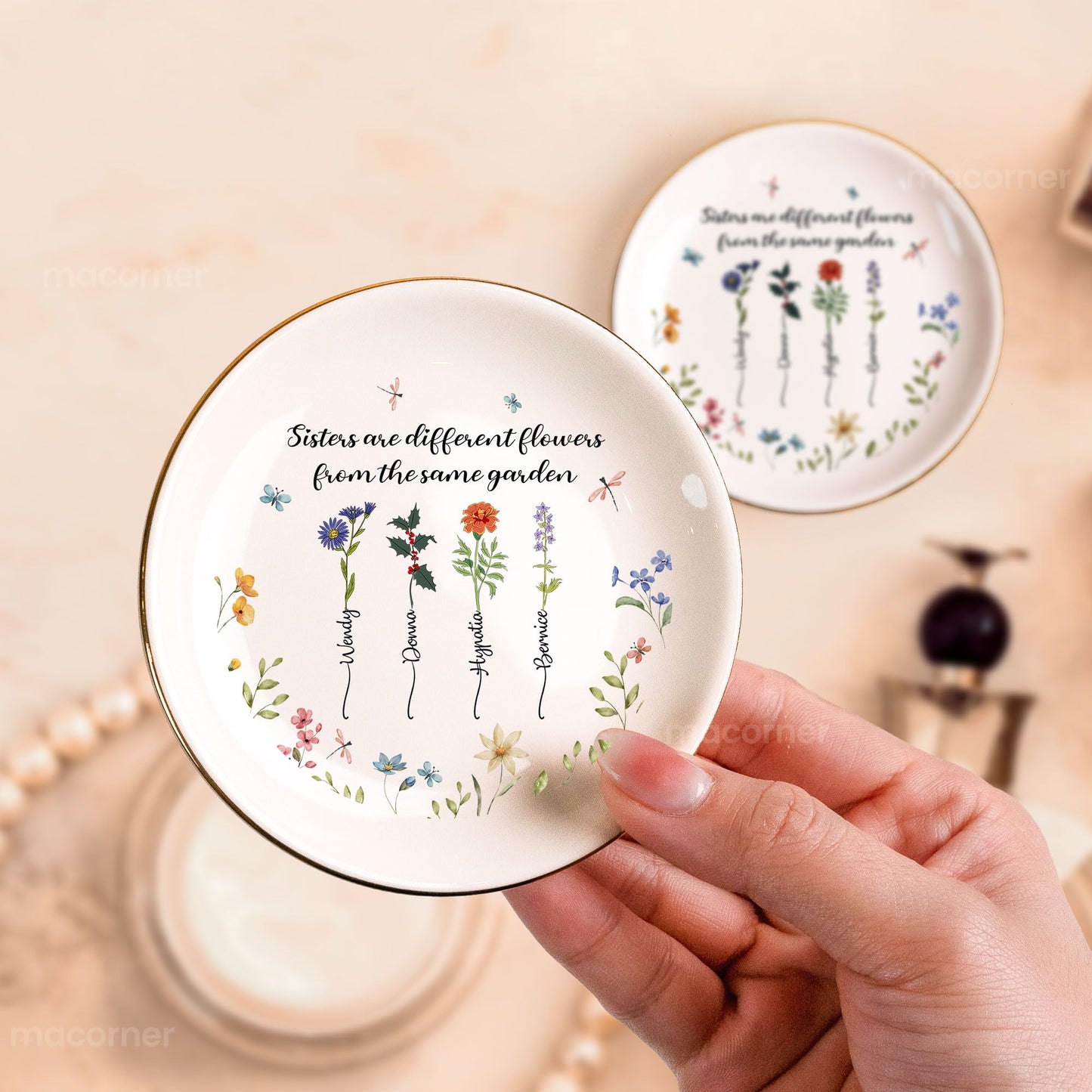 Macorner Personalized Jewelry Dish Gifts, Sisters Are Differents Flowers Custom Birth Flowers, Soul Sister Friend Gifts for Women Girls Presents