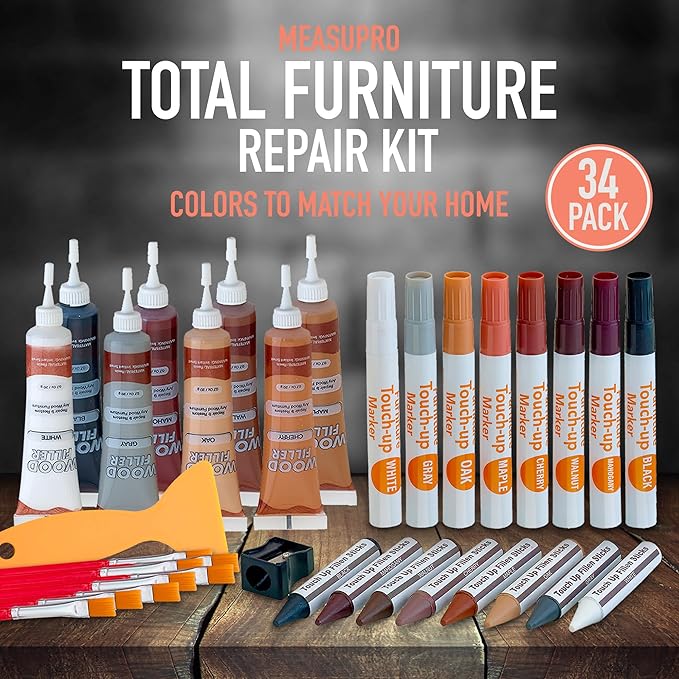 Wood Filler Furniture Markers Touch Up Repair Kit 34 Pieces - Color Match Filler & Scratch Repair Stain Pens for Hardwood Cracks, Holes, Discoloration, Wooden Door, Floor, Cabinet, Table