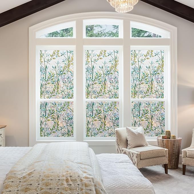 NINETREX Window Privacy Film Stained Glass Window Film 3D Decorative Cling,Sun Blocking Static Cling Removable Film for Glass Door,Home Decor Window Cover Non-Adhesive 17.5 x 157.4 inches,Leaf