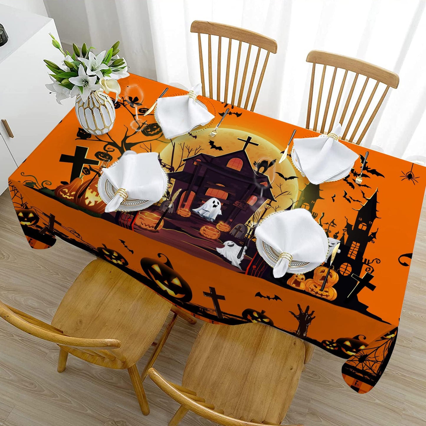 Hexagram Halloween Tablecloth 60 x 84 Inches Rectangle, Halloween Table Cloth Rectangular, Pumpkin Castle Ghost Tablecloths for Home Kitchen Dining Decor