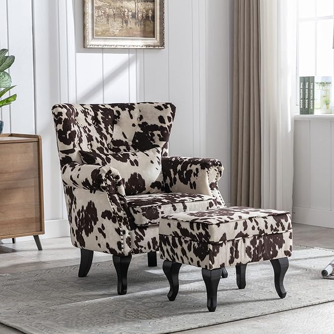 DM Furniture Mid Century Accent Chair with Ottoman Modern Button Tufted Armchair Wingback Club Chair Velvet Single Sofa Lounge Chair with Pillow for Living Room Bedroom, Cowhide Print