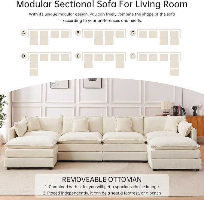 saows Modular Sectional Sofa, 147.2 Inch U Shaped Couch Set with Armrests, 4-Seater Comfy Cloud Couches with Movable Ottoman for Living Room Apartment, Beige